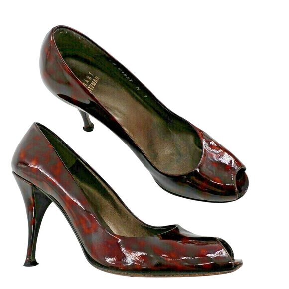 Womens Stuart Weitzman Tortoiseshell Patent Leather Peep Toe Pumps sz 7 M Heels - Picture 2 of 8